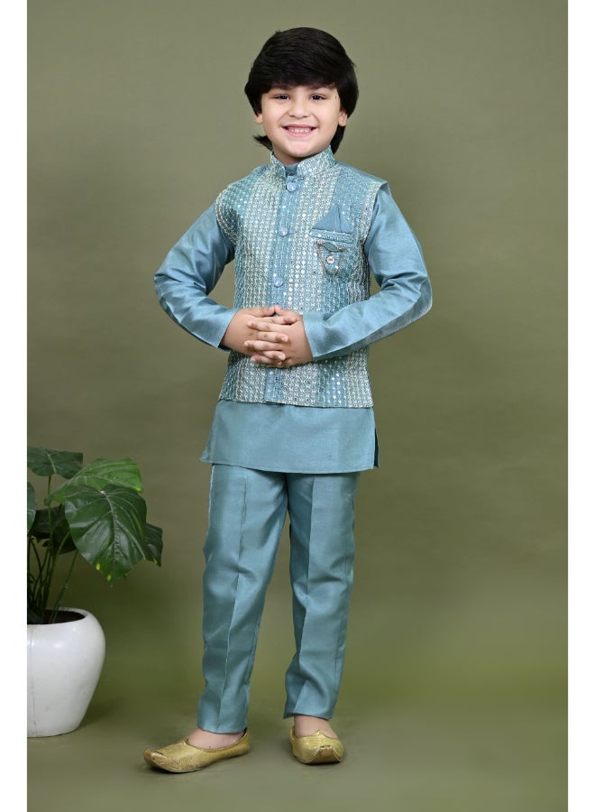 بي تي ديزايز طقم كورتا بيجاما أزرق مخضر للأولاد - Image 1
