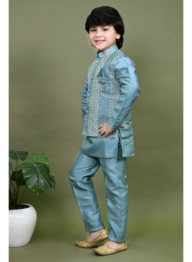 بي تي ديزايز طقم كورتا بيجاما أزرق مخضر للأولاد - Image 3