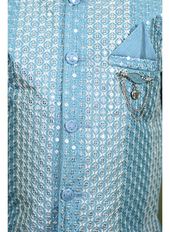 بي تي ديزايز طقم كورتا بيجاما أزرق مخضر للأولاد - Image 5