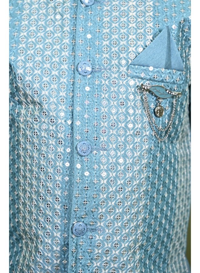 بي تي ديزايز طقم كورتا بيجاما أزرق مخضر للأولاد - Image 4