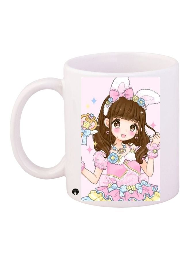 RYN Anime Girl Printed Coffee Mug White/Pink/Brown 11ounce