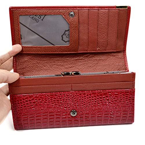 AISI Women Men Leather Wallet Embossed Crocodile Clutch Wallet Credit Card Holder(Red) - Image 5