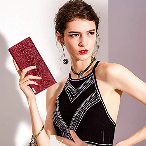 AISI Women Men Leather Wallet Embossed Crocodile Clutch Wallet Credit Card Holder(Red) - Image 2