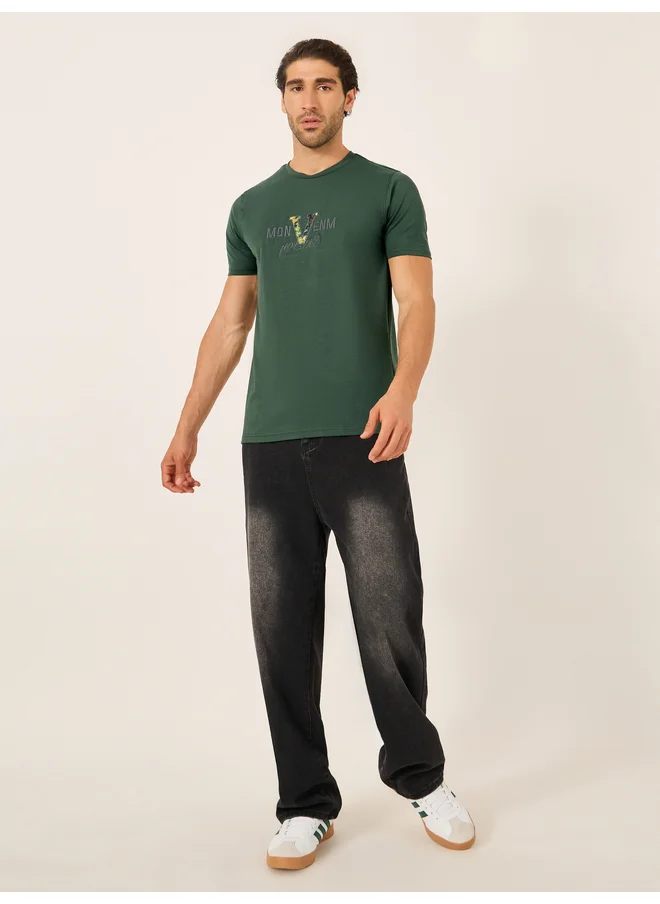 فورت كولينز Fort Collins Men Olive Graphic Printed Short Sleeve T-Shirt