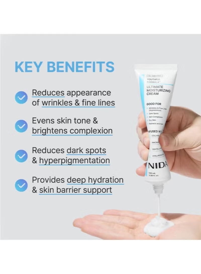 NIDA Youthful Formula™ Ultimate Moisturizing Cream | Centella Asiatica, Niacinamide, Hyaluronic Acid, Collagen | Wrinkles, Fine Lines, Dark Spots, Dry Skin, Redness | 3.38 fl. oz., 100ml - Image 2