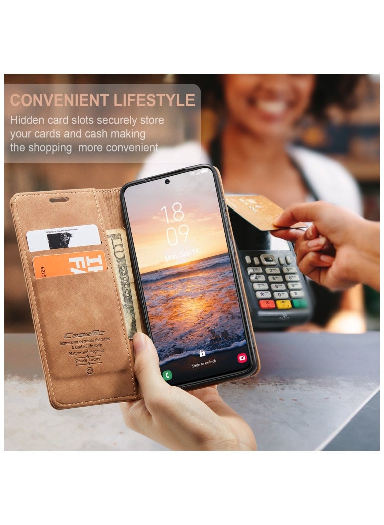 CaseMe Samsung Galaxy S24 plus Case Wallet, for Samsung Galaxy S24 plus Wallet Case Book Folding Flip Folio Case with Magnetic Kickstand Card Slots Protective Cover - Brown - Image 2