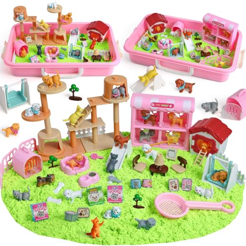 KNASON Cat and Dog Sensory BinPlay Sand Kit for Girls and Boys with 22lbs Sensory Sand and Sand BoxPet Sandbox Toys Role Pretend Play Beach Toy Birthday Present for Toddler Ages 3 4 5 6 7 8 - Image 1