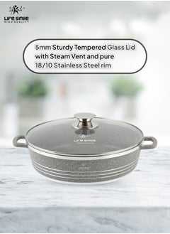 Life Smile 28cm (3.9 Liter) LIFE SMILE Shallow Pot with Lid | Non Stick PFOA FREE Granite Coating Frying Pan | Oven Safe | Dishwasher Safe | Double Handle (Grey)  - Image 4