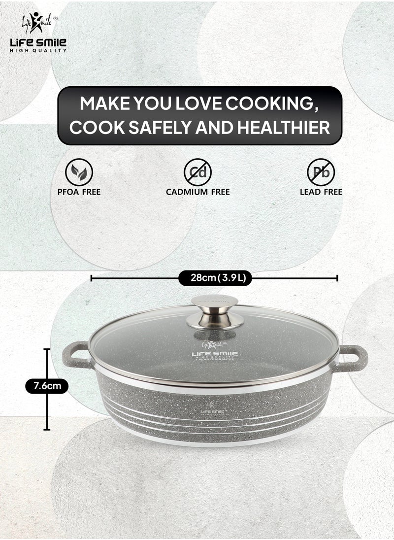 Life Smile 28cm (3.9 Liter) LIFE SMILE Shallow Pot with Lid | Non Stick PFOA FREE Granite Coating Frying Pan | Oven Safe | Dishwasher Safe | Double Handle (Grey)  - Image 3