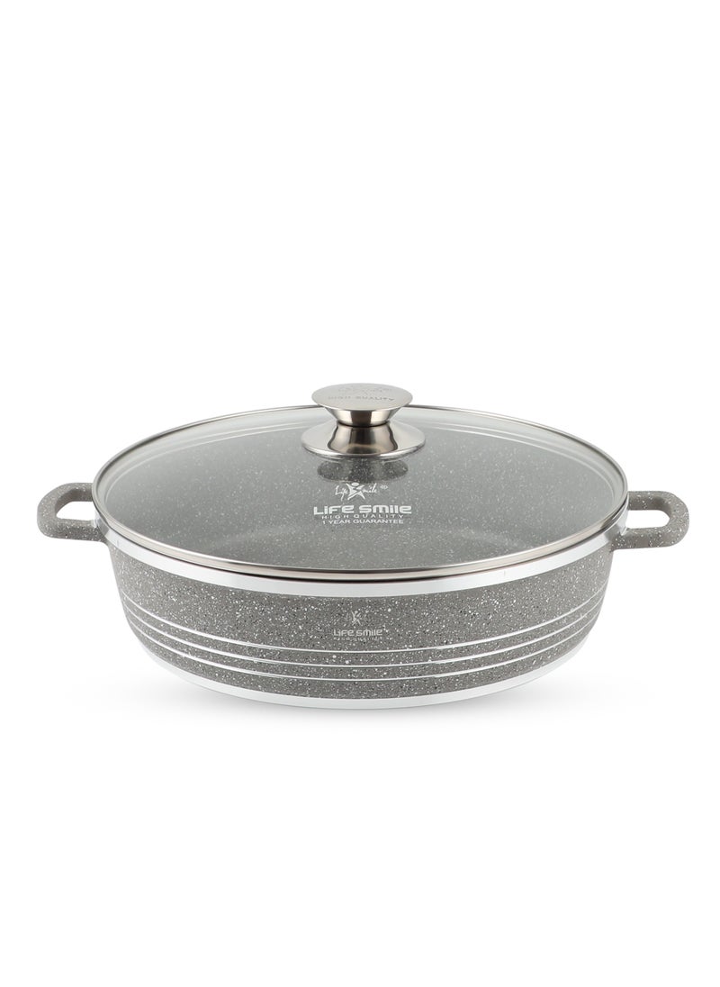 Life Smile 28cm (3.9 Liter) LIFE SMILE Shallow Pot with Lid | Non Stick PFOA FREE Granite Coating Frying Pan | Oven Safe | Dishwasher Safe | Double Handle (Grey)  - Image 1