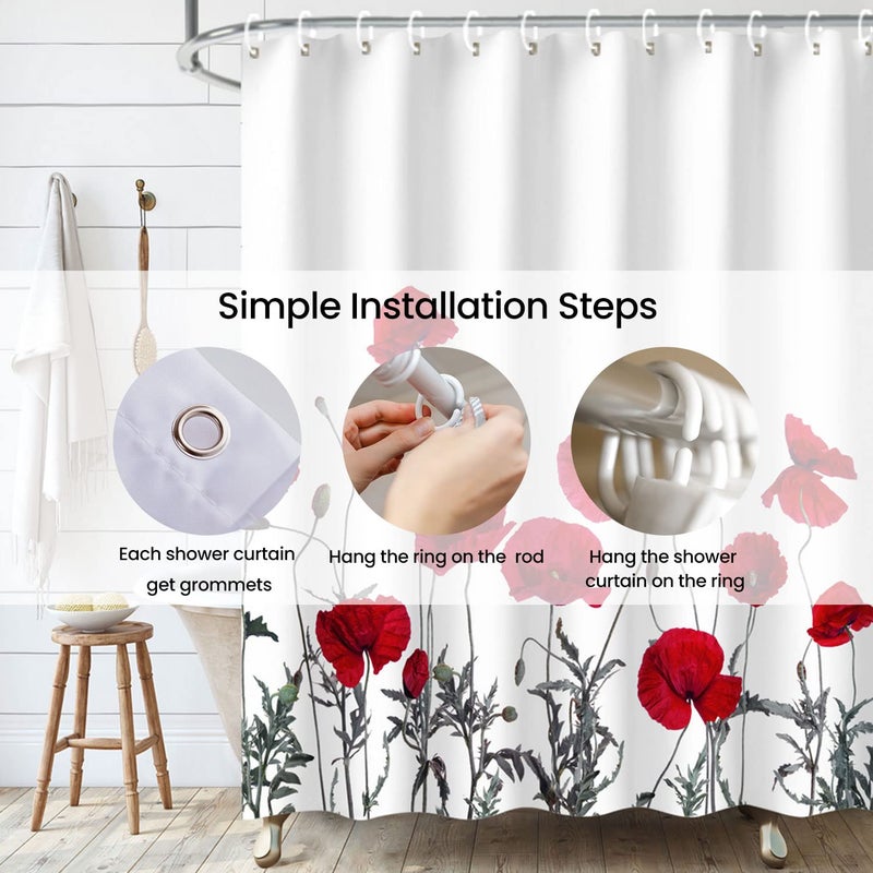 LIVILAN Poppy Shower Curtain Red Shower Curtains for Bathroom Floral Shower Curtain Red Flower Fabric Bathroom Curtain Home Decoration Set with Hooks Decorative Machine Washable, 72" W x 72" H - Image 4