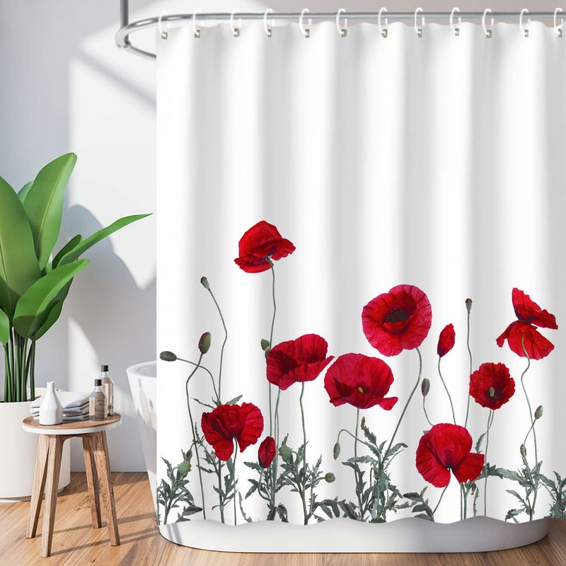LIVILAN Poppy Shower Curtain Red Shower Curtains for Bathroom Floral Shower Curtain Red Flower Fabric Bathroom Curtain Home Decoration Set with Hooks Decorative Machine Washable, 72" W x 72" H - Image 1