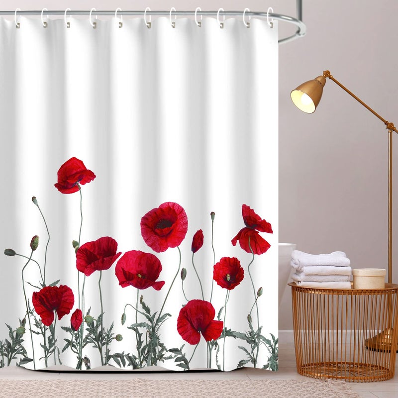 LIVILAN Poppy Shower Curtain Red Shower Curtains for Bathroom Floral Shower Curtain Red Flower Fabric Bathroom Curtain Home Decoration Set with Hooks Decorative Machine Washable, 72" W x 72" H - Image 2