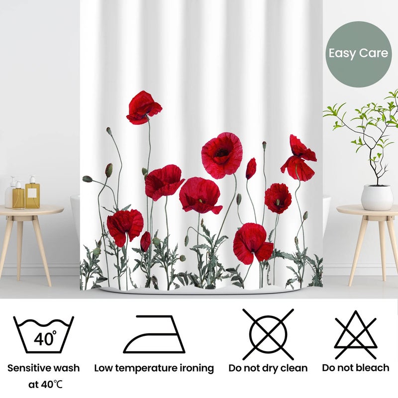 LIVILAN Poppy Shower Curtain Red Shower Curtains for Bathroom Floral Shower Curtain Red Flower Fabric Bathroom Curtain Home Decoration Set with Hooks Decorative Machine Washable, 72" W x 72" H - Image 5