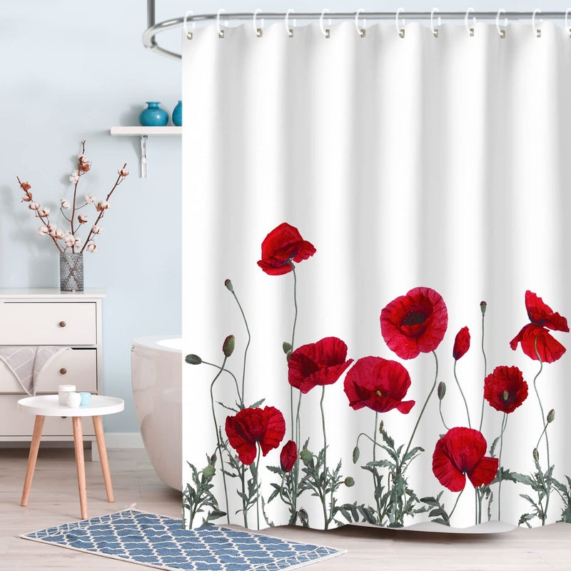 LIVILAN Poppy Shower Curtain Red Shower Curtains for Bathroom Floral Shower Curtain Red Flower Fabric Bathroom Curtain Home Decoration Set with Hooks Decorative Machine Washable, 72" W x 72" H - Image 3