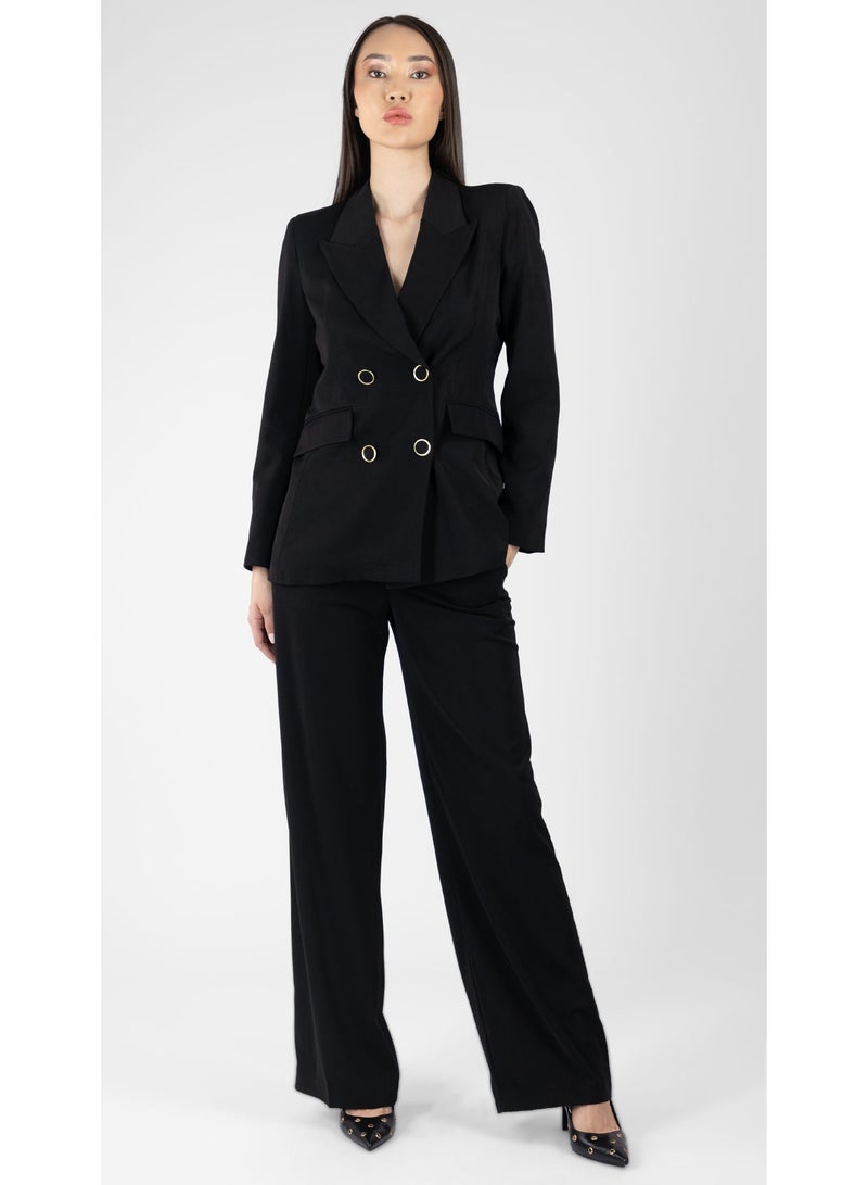 KYVELi Women’s Tailored Two-Piece Suit Set – Double-Breasted Blazer & Straight-Leg Pants – Black - Image 1