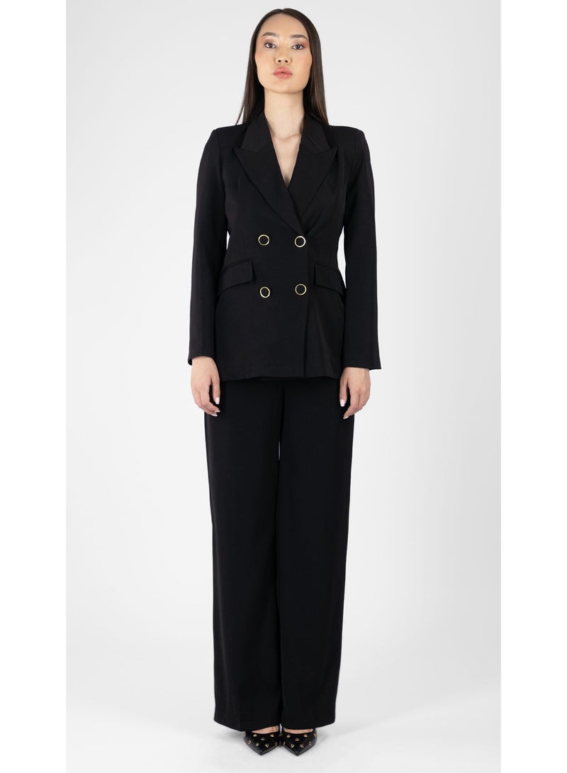 KYVELi Women’s Tailored Two-Piece Suit Set – Double-Breasted Blazer & Straight-Leg Pants – Black - Image 2