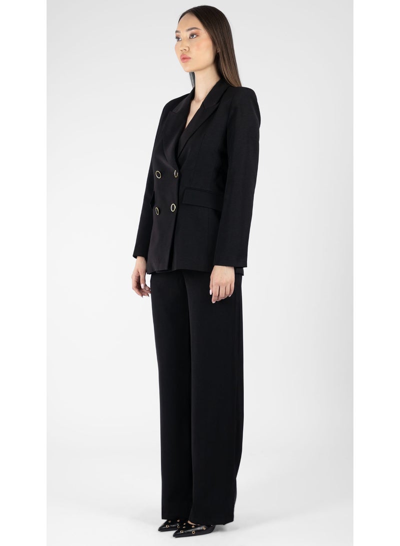 KYVELi Women’s Tailored Two-Piece Suit Set – Double-Breasted Blazer & Straight-Leg Pants – Black - Image 3