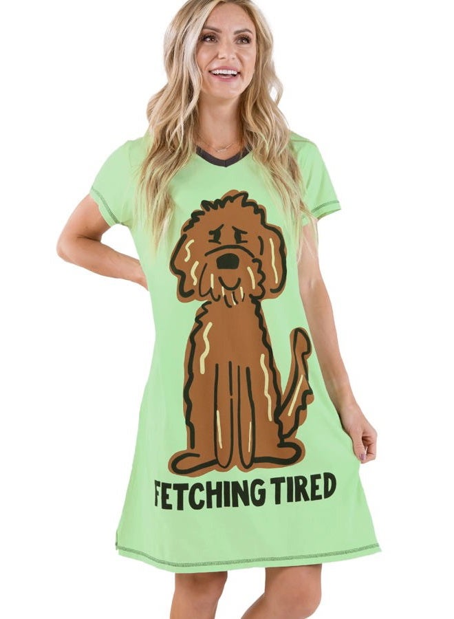 Lazy One Women's Nightgown, Funny V-Neck Sleep Shirt for Women, Dog Pajama Shirt (Fetching Tired, S/M) - Image 1