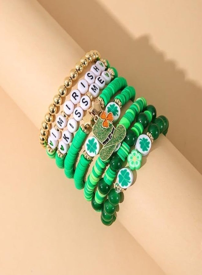 STAR WORK 7 pcs Set Beaded Stretch Bracelets for Women Stackable Gold Polymer Clay Beads Bracelets Friendship Boho Summer Beach Bracelets Jewelry Set (GREEN) - Image 4