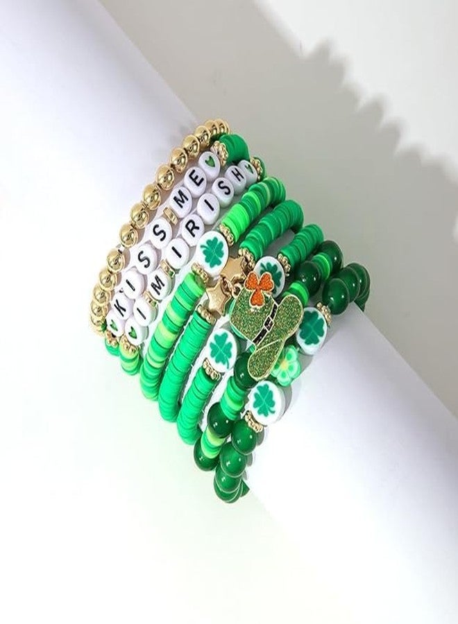 STAR WORK 7 pcs Set Beaded Stretch Bracelets for Women Stackable Gold Polymer Clay Beads Bracelets Friendship Boho Summer Beach Bracelets Jewelry Set (GREEN) - Image 5