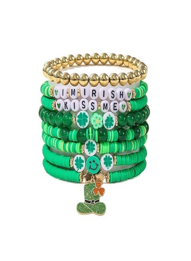 STAR WORK 7 pcs Set Beaded Stretch Bracelets for Women Stackable Gold Polymer Clay Beads Bracelets Friendship Boho Summer Beach Bracelets Jewelry Set (GREEN) - Image 1