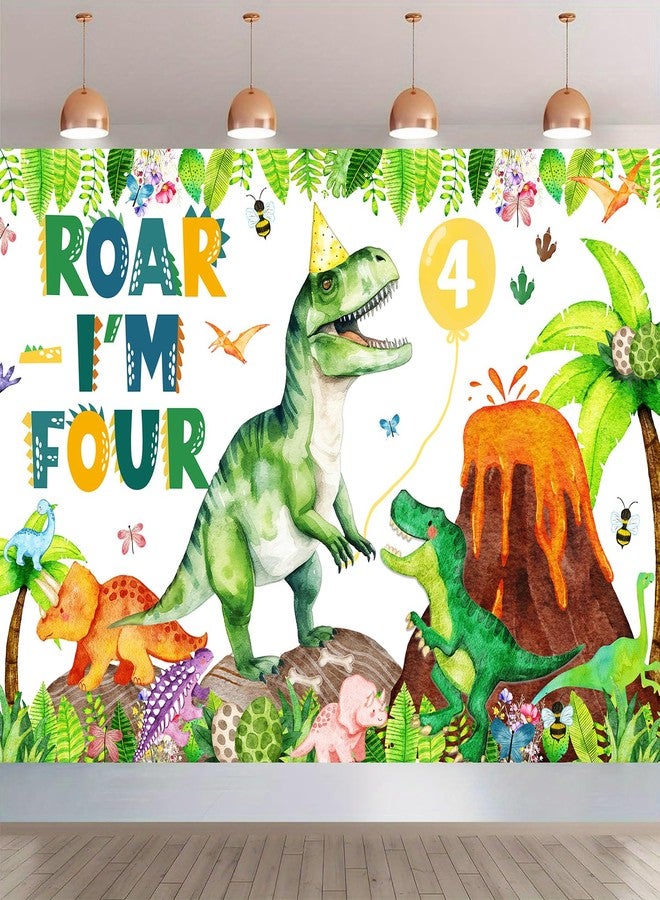 BIGKEOKI Dinosaur birthday party backdrop banner (Green Dino 4th) - Image 1