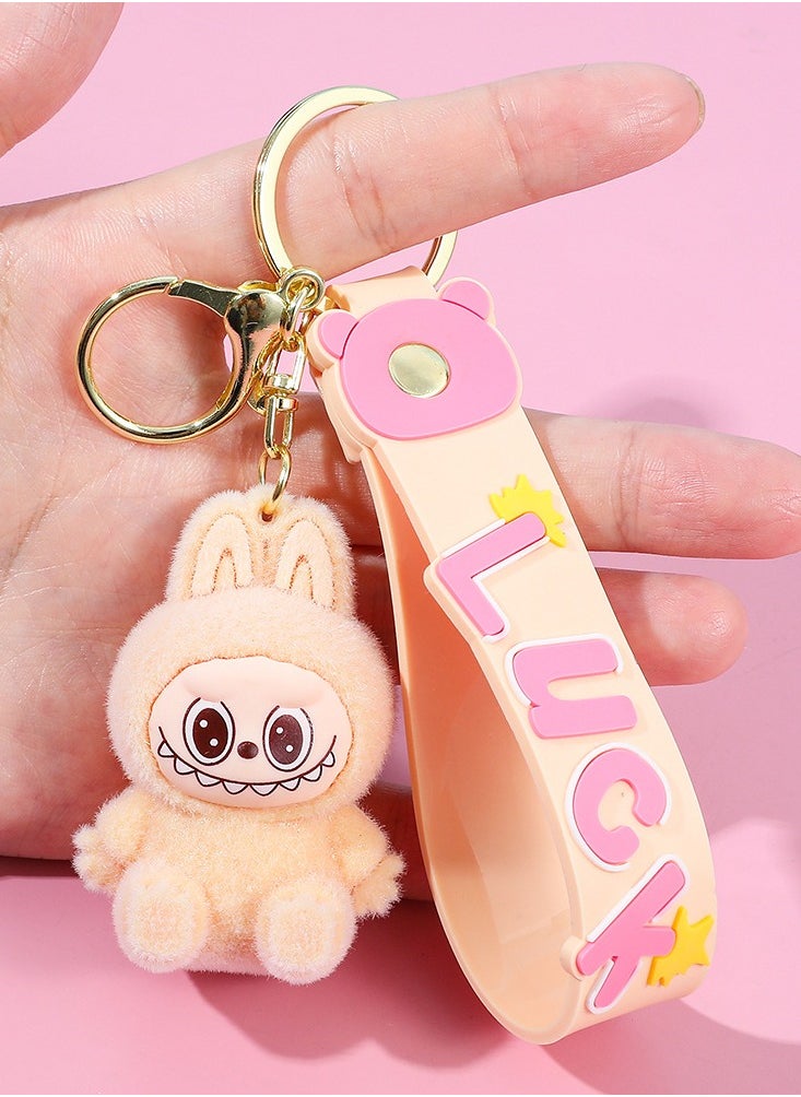LABUBU LABUBU Dress-Up Series Keychain – Cute Bucktooth Cartoon Pendant – Collectible Toy for Bag & Car Decoration（Flocked Sitting Pose – Ver. 3） 