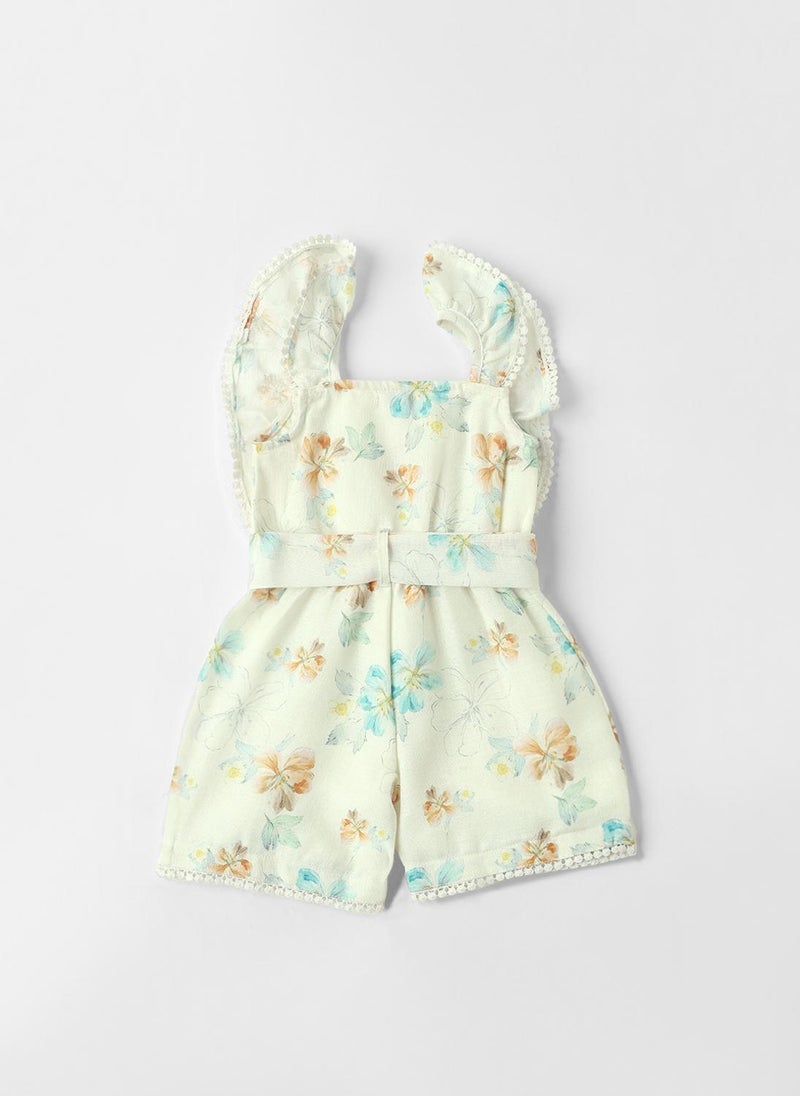 Nautinati Girls Ruffle Sleeves Printed Jumpsuit with Mock Belt - Image 1