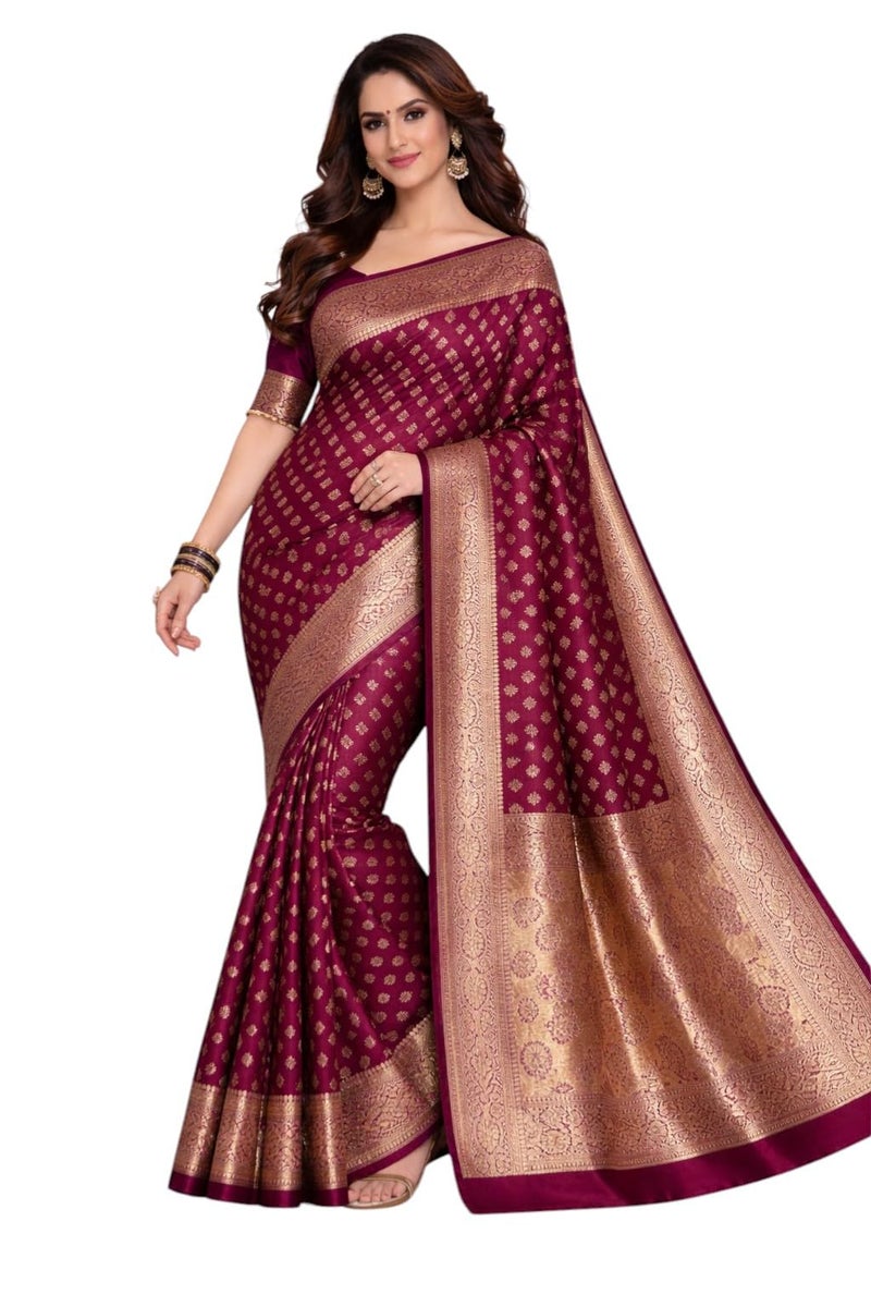 NoseQueen women fashion Multi-Colored Traditional banarasi silk saree | Cotton saree for farewell with UnStitched Blouse Piece (Wine) - Image 1