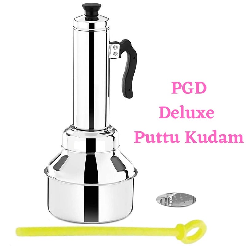 PGD Deluxe Food Grade Stainless Steel Puttu Maker Set of Puttu kudam Tubular Kuzhal Steamer Plate Plastic Stick Bakelite lid knob and Black Plastic Handle 15 L Requires Assembly - Image 2