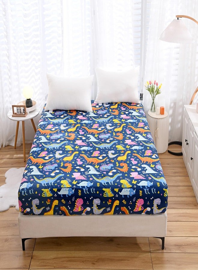 NATURETY Bedding Fitted Sheet with Deep Pocket,Dino Printed Thicken Soft Fabric Bed Sheets (Navy Blue(Dinosaur), Queen) - Image 2