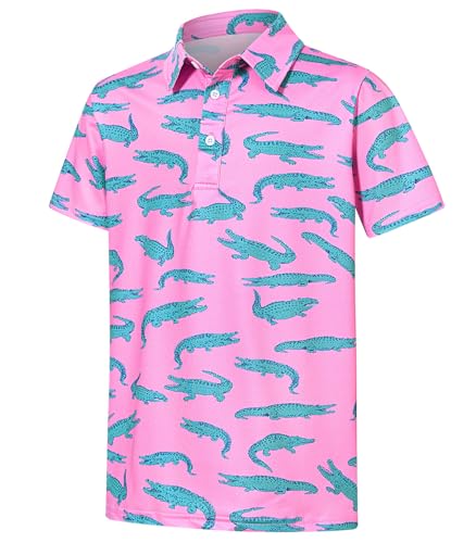 Cuddomper Boys Golf Shirts Pink Crocodile Polo Shirt Size 9-10 Short Sleeve Performance Dry Fit Tops for Active Casual - Image 1