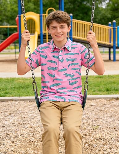 Cuddomper Boys Golf Shirts Pink Crocodile Polo Shirt Size 9-10 Short Sleeve Performance Dry Fit Tops for Active Casual - Image 2