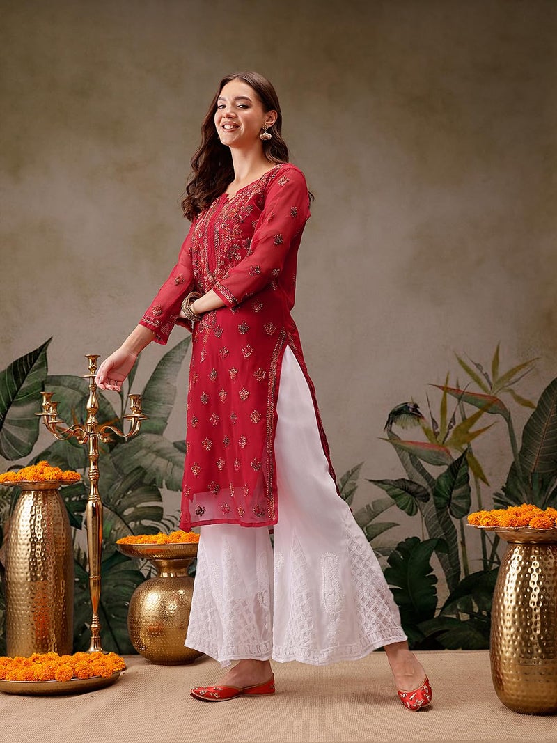 Ada Lucknowi Chikankari Faux Georgette Hand Embroidery Kurta with Slip for Women XS411155 Red, Regular Fit - Image 4