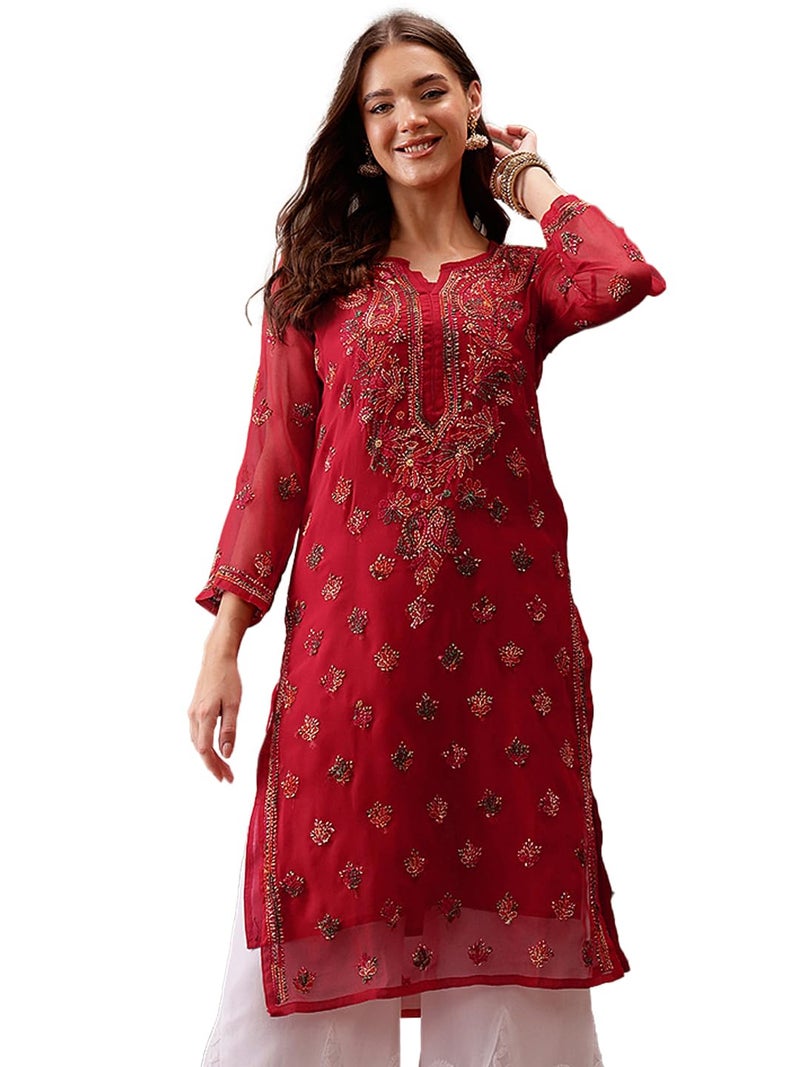Ada Lucknowi Chikankari Faux Georgette Hand Embroidery Kurta with Slip for Women XS411155 Red, Regular Fit - Image 1