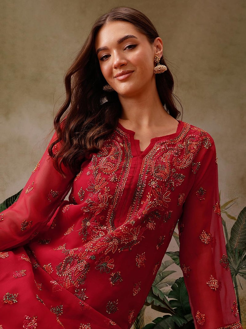Ada Lucknowi Chikankari Faux Georgette Hand Embroidery Kurta with Slip for Women XS411155 Red, Regular Fit - Image 5