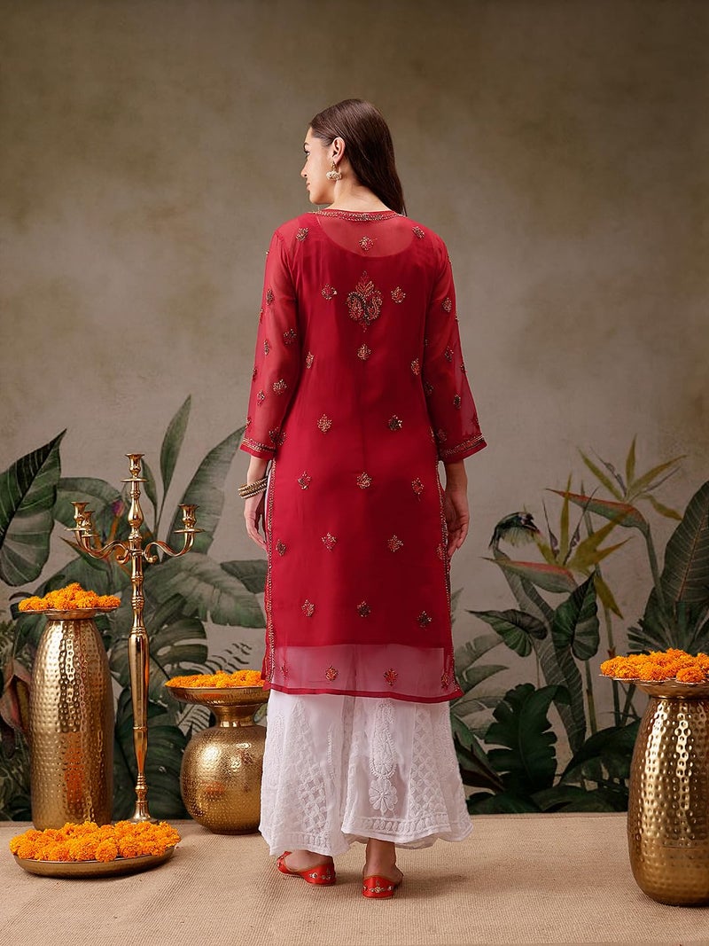 Ada Lucknowi Chikankari Faux Georgette Hand Embroidery Kurta with Slip for Women XS411155 Red, Regular Fit - Image 2