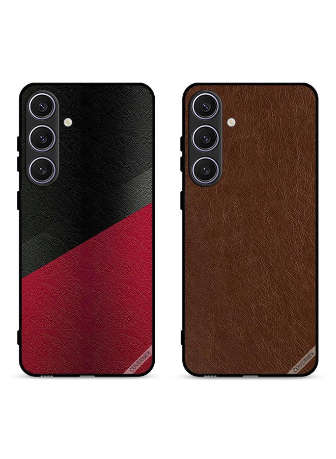 Covernex Two Cases For Samsung Galaxy S24 Plus 5G Protective Covers Black and Red Pattern and Brown Leather - Image 1