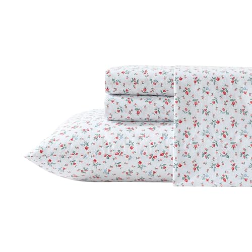 Laura Ashley Full Size Sheet Set Crisp Lightweight Cotton Percale Bedding with Fitted Sheet and Pillowcases Floral Room Decor Deep Pocket College Dorm Room Essentials Aylesmore Ditsy Red - Image 1
