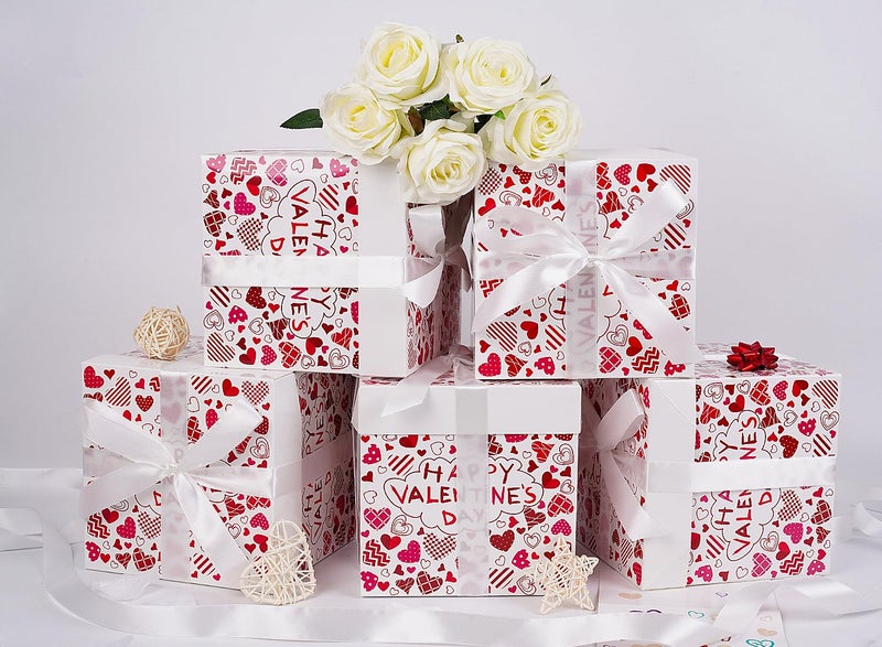 Jaywayang 5 Pack White Valentine Gift Boxes with Lids, Ribbons and Tissue Papers Square Gift Boxes - 7.1 Inch - Presents Wrapping Valentine's Day Decoration Party Favor Boxes. - Image 3