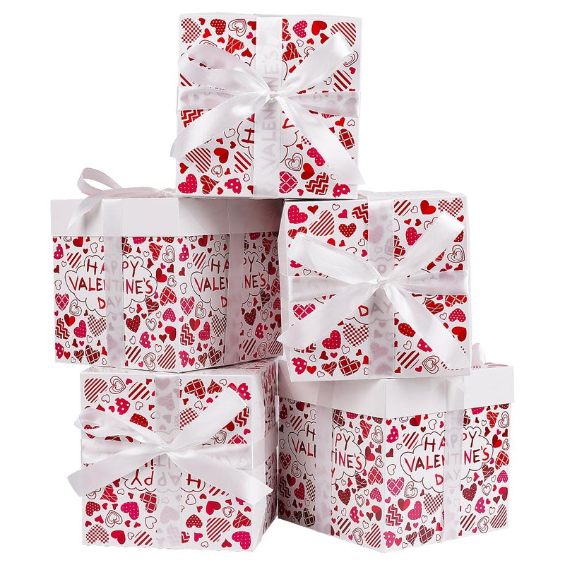 Jaywayang 5 Pack White Valentine Gift Boxes with Lids, Ribbons and Tissue Papers Square Gift Boxes - 7.1 Inch - Presents Wrapping Valentine's Day Decoration Party Favor Boxes. - Image 1