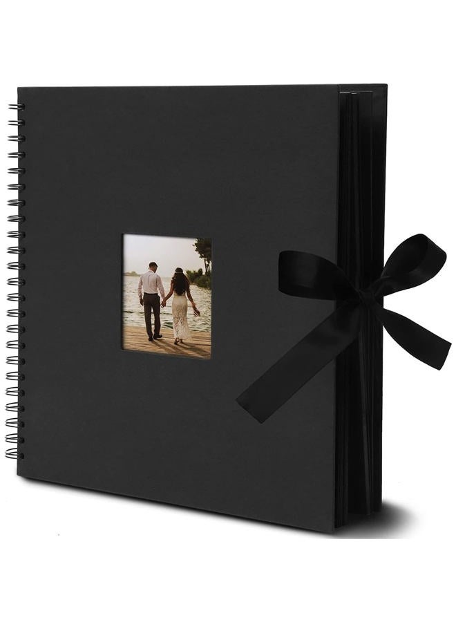 Juvale Black 12x12 Scrapbook Album with Silk Ribbon, Cover Window, Spiral Bound Photo Book for Wedding, Anniversary (80 Pages) - Image 1