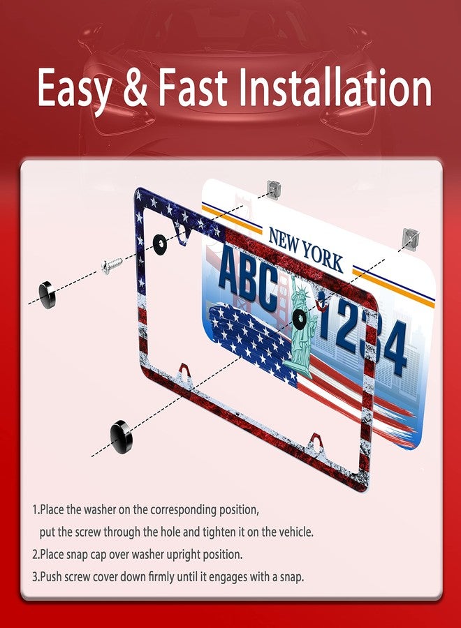 UNINDREM Vintage American Flag License Plate Frame Patriotic USA Flag License Plate Holder Stainless Steel Rust-Proof Auto Parts Decoration with Screws for Men Women License Plate Cover 4 Holes 1pcs - Image 4