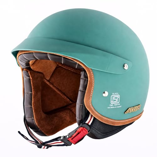 Axor Retro Jet West with Peak ISI and DOT Certified Matte Finish Open Face Helmet for Men and Women with Stylish Peak- Dull Aqua Green-L - Image 1