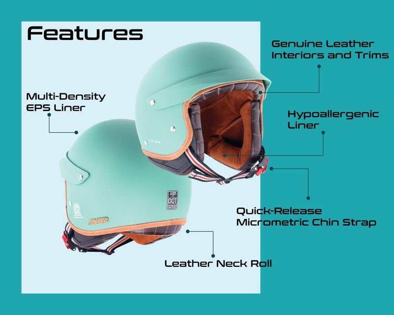 Axor Retro Jet West with Peak ISI and DOT Certified Matte Finish Open Face Helmet for Men and Women with Stylish Peak- Dull Aqua Green-L - Image 4