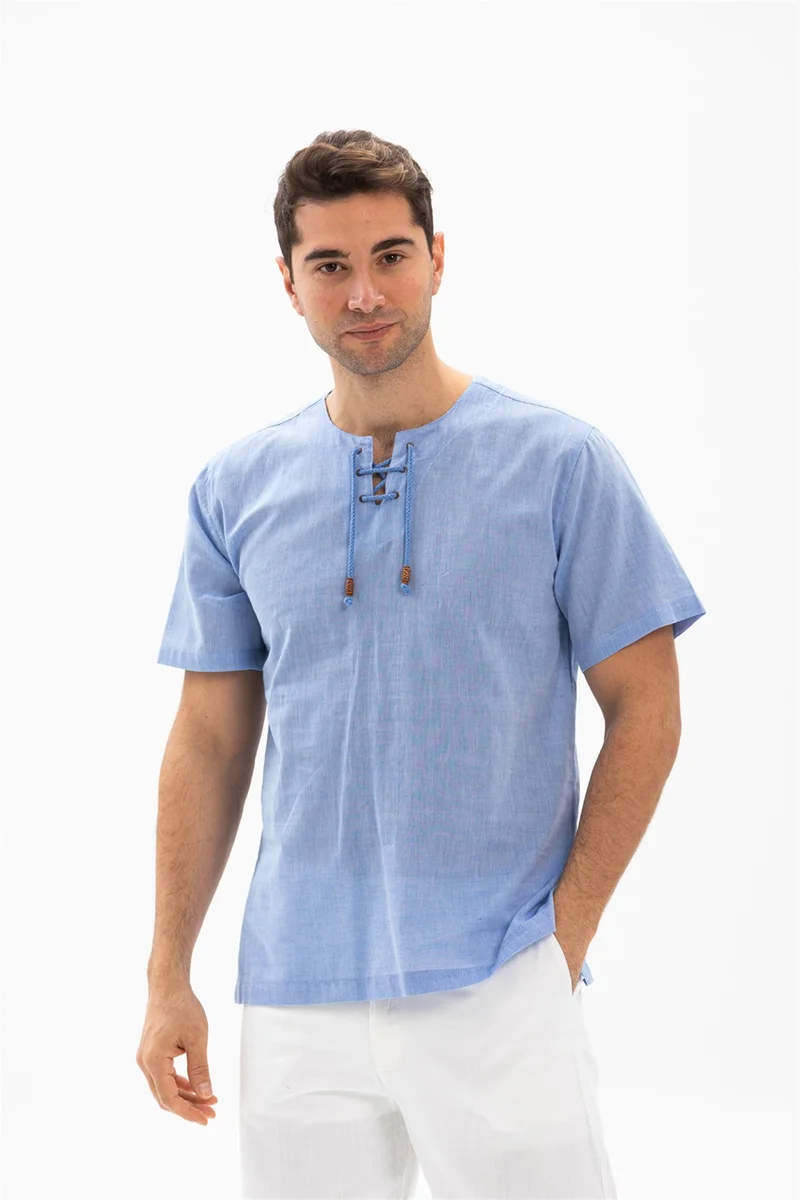 Eliş Şile Bezi Kısa Kol Şile Bezi Zımbalı Erkek Tshirt Mavi 3032