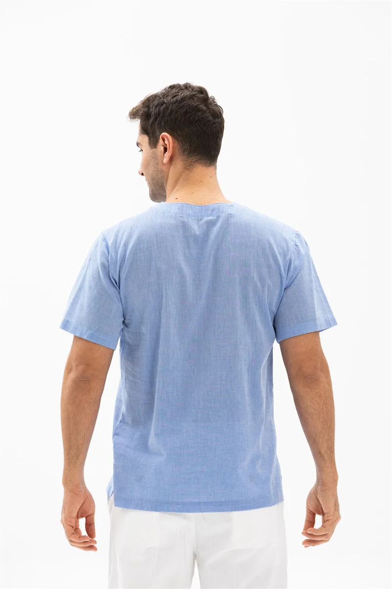Eliş Şile Bezi Kısa Kol Şile Bezi Zımbalı Erkek Tshirt Mavi 3032