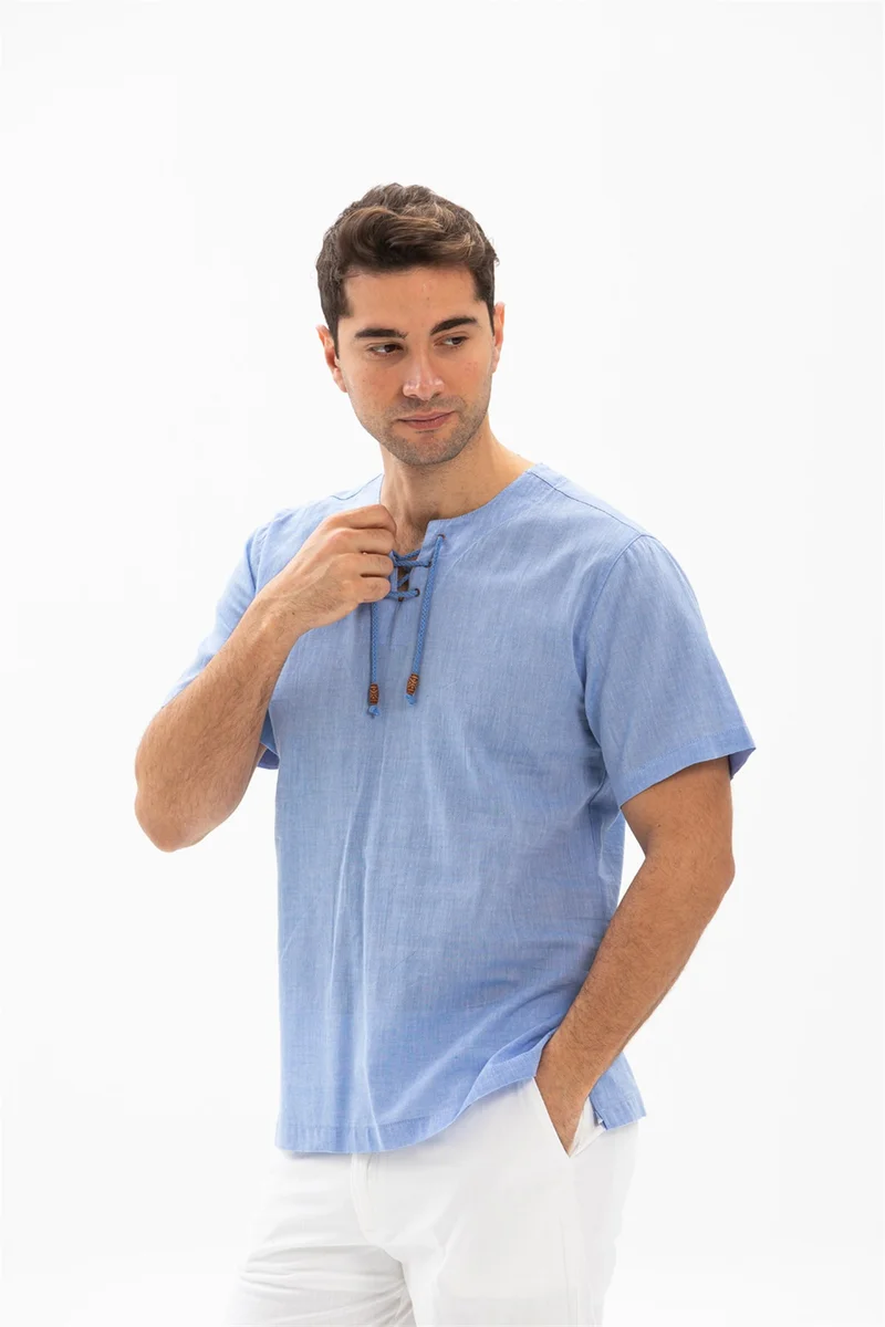 Eliş Şile Bezi Kısa Kol Şile Bezi Zımbalı Erkek Tshirt Mavi 3032