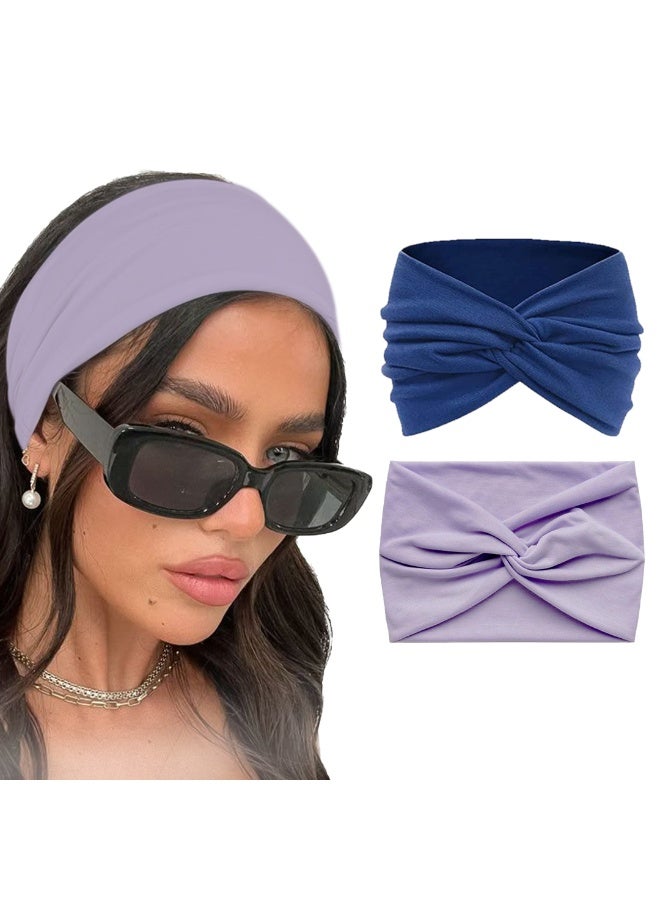 قطعتين من عصابات الرأس القطنية المحبوكة للنساء، بتصميم توربان بعقدة أنيقة، إكسسوارات شعر عصرية (بنفسجي وأزرق) - Image 1